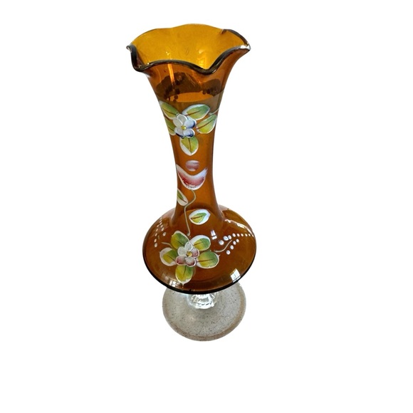 Bohemian Amber Czech Glass Bud Vase 8" Enamel Floral Decoration Hand Painted - Picture 2 of 7